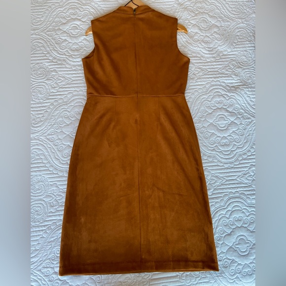 Emma & Michele Cognac Brown Mock Neck Faux Suede Fitted Dress - Picture 4 of 5